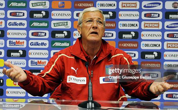 Head coach Marcello Lippi of Italy speaks with the media during a press conference at Casa Azzurri during the 2010 FIFA World Cup on June 15, 2010 in...