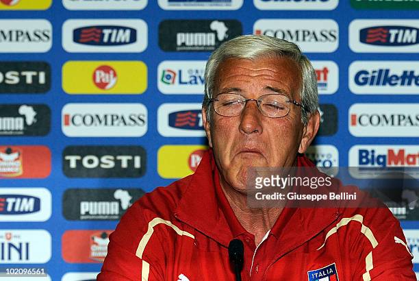 Head coach Marcello Lippi of Italy speaks with the media during a press conference at Casa Azzurri during the 2010 FIFA World Cup on June 15, 2010 in...