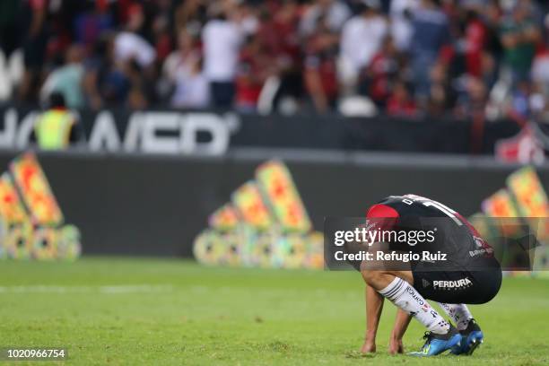 Ismael Govea of Atlas reacts during the fifth round match between Atlas and Morelia as part of the Torneo Apertura 2018 Liga MX at Jalisco Stadium on...