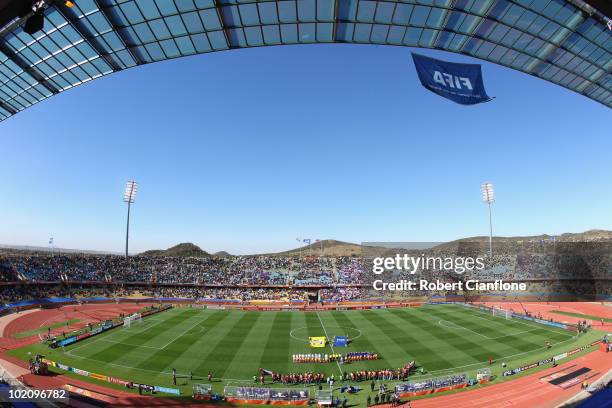 Wide general view as the teams line up for their national anthems during the 2010 FIFA World Cup South Africa Group F match between New Zealand and...