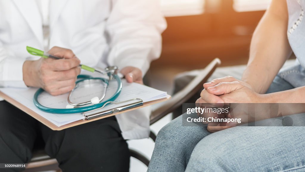 Doctor or psychiatrist consulting and diagnostic examining stressful woman patient on obstetric - gynecological female illness, or mental health in medical clinic or hospital healthcare service center