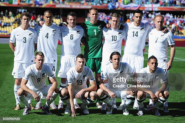 The New Zealand team line up ahead of the 2010 FIFA World Cup South Africa Group F match between New Zealand and Slovakia at the Royal Bafokeng...