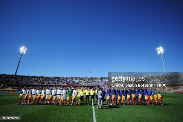 Wide general view as the teams line up for their national anthems during the 2010 FIFA World Cup South Africa Group F match between New Zealand and...