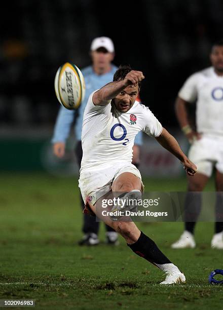 Olly Barkley of England kicks a penalty during the match between the Australian Barbarians and England at on June 15, 2010 in Gosford, Australia.