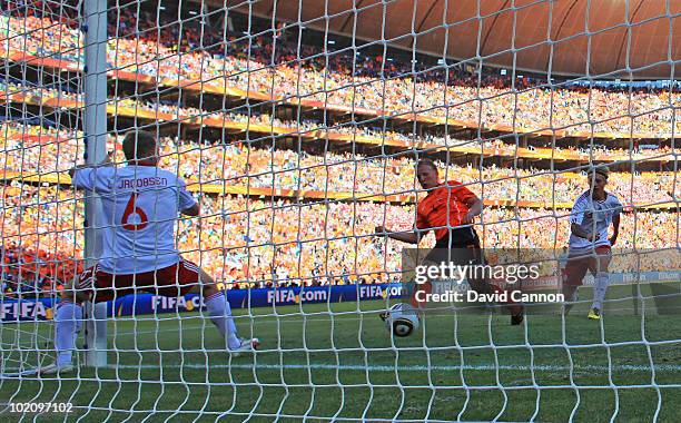 Dirk Kuyt of the Netherlands scores during the 2010 FIFA World Cup Group E match between Netherlands and Denmark at Soccer City Stadium on June 14,...