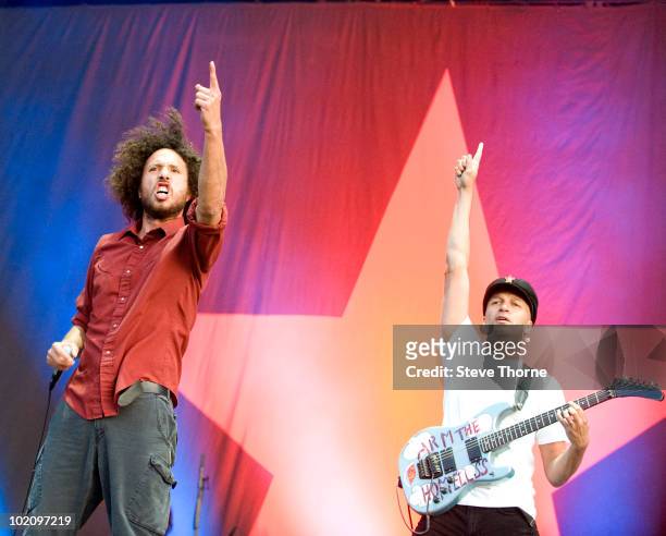 Zack de la Rocha and Tom Morello of Rage Against The Machine perform on stage on the second day of Download Festival at Donington Park on June 12,...