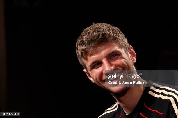 Thomas Mueller of Germany smiles during a press conference in the media center at Velmore Grande Hotel on June 15, 2010 in Pretoria, South Africa.