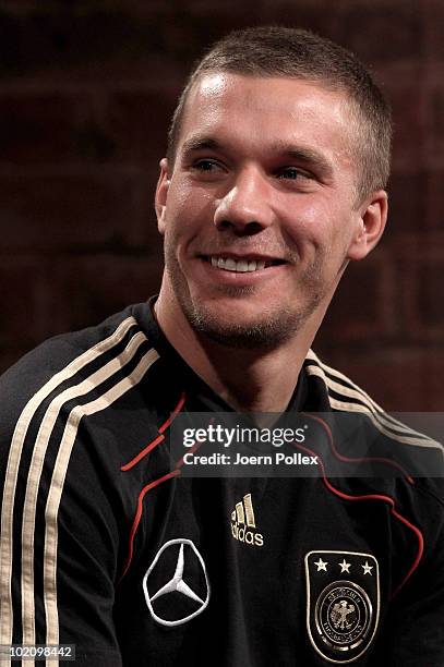 Lukas Podolski of Germany speaks to the media during a press conference in the media center at Velmore Grande Hotel on June 15, 2010 in Pretoria,...