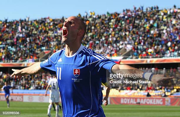 Robert Vittek of Slovakia celebrates scoring the opening goal during the 2010 FIFA World Cup South Africa Group F match between New Zealand and...