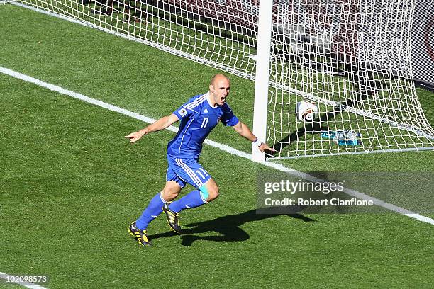 Robert Vittek of Slovakia celebrates scoring the opening goal during the 2010 FIFA World Cup South Africa Group F match between New Zealand and...
