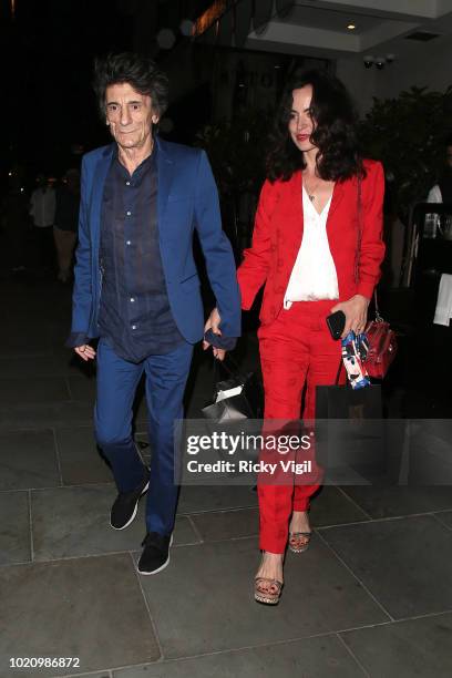 Ronnie Wood and Sally Humphreys seen on a night out at Scott's restaurant celebrating son Tyrone's birthday on August 21, 2018 in London, England.