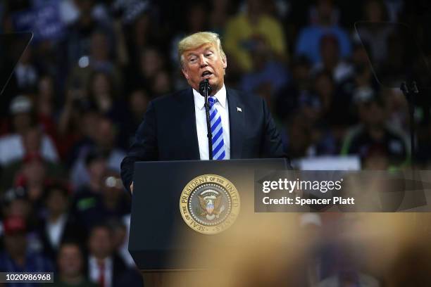 President Donald Trump attends a rally at the Charleston Civic Center on August 21, 2018 in Charleston, West Virginia. Paul Manafort, a former...