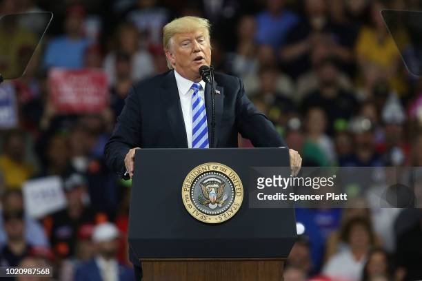 President Donald Trump speaks at a rally at the Charleston Civic Center on August 21, 2018 in Charleston, West Virginia. Paul Manafort, a former...