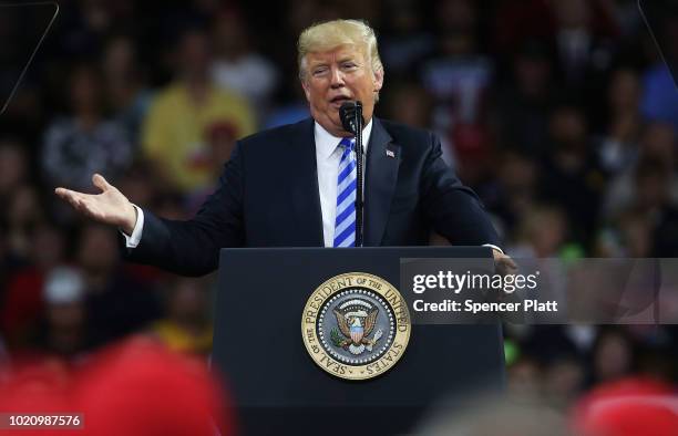 President Donald Trump speaks at a rally at the Charleston Civic Center on August 21, 2018 in Charleston, West Virginia. Paul Manafort, a former...