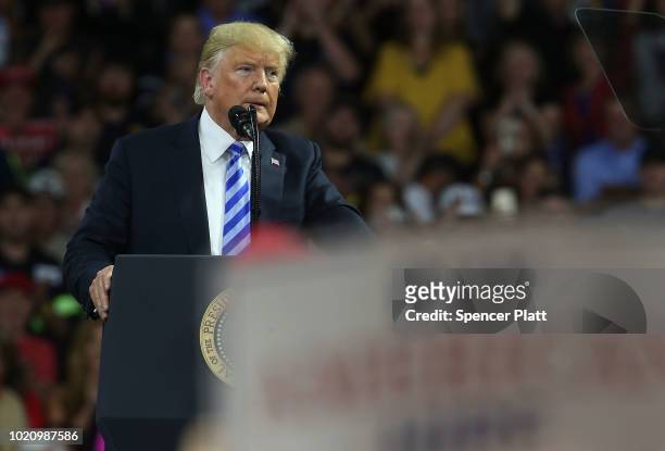 President Donald Trump speaks at a rally at the Charleston Civic Center on August 21, 2018 in Charleston, West Virginia. Paul Manafort, a former...