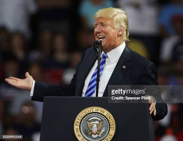 President Donald Trump speaks a rally at the Charleston Civic Center on August 21, 2018 in Charleston, West Virginia. Paul Manafort, a former...
