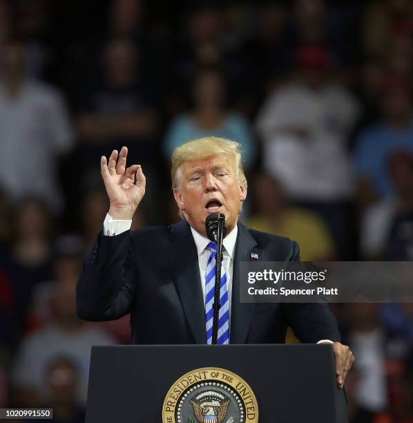 President Donald Trump speaks a rally at the Charleston Civic Center on August 21, 2018 in Charleston, West Virginia. Paul Manafort, a former...