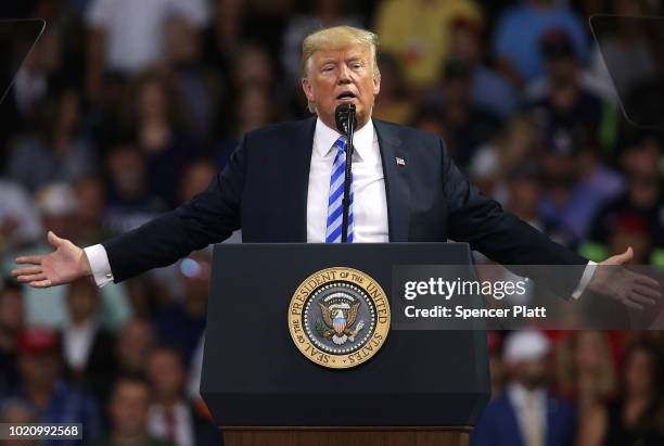 President Donald Trump speaks at a rally on August 21, 2018 in Charleston, West Virginia. Paul Manafort, a former campaign manager for Trump and a...