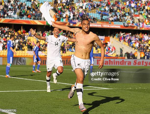 Winston Reid of New Zealand celebrates scoring the first goal for his team during the 2010 FIFA World Cup South Africa Group F match between New...