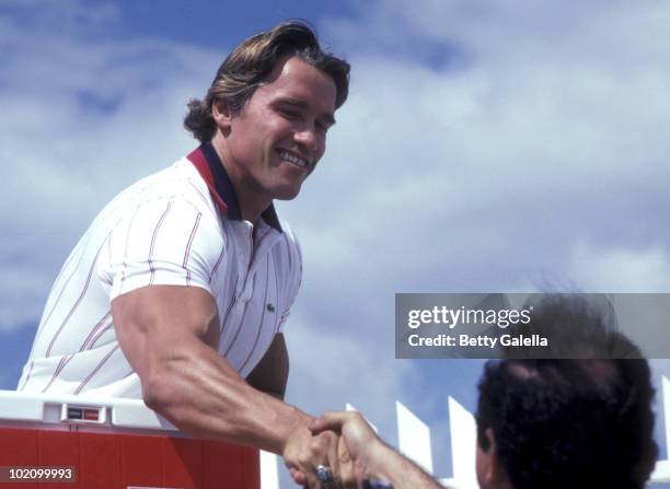 Arnold Schwarzenegger and photographer Ron Galella sighted on August 21, 1981 at the Kennedy Compound in Hyannis Port, Massachussetts.