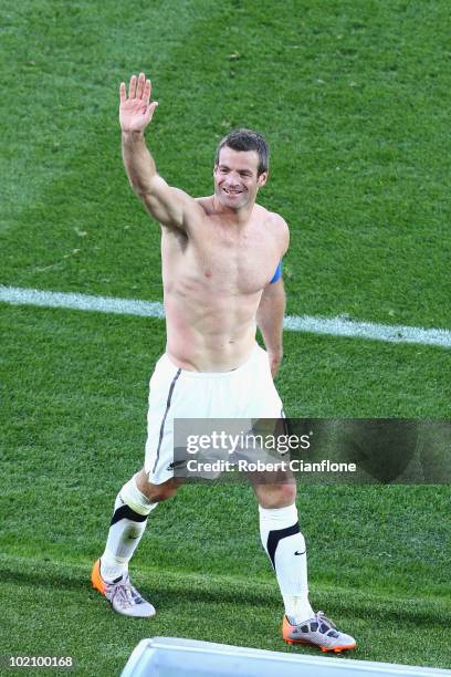 Captain Ryan Nelsen of New Zealand waves to fans after his side earned a draw in the 2010 FIFA World Cup South Africa Group F match between New...