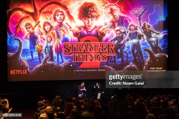 Josh Horowitz and Millie Bobby Brown attend a "Stranger Things Season 2" screening at AMC Lincoln Square Theater on August 21, 2018 in New York City.