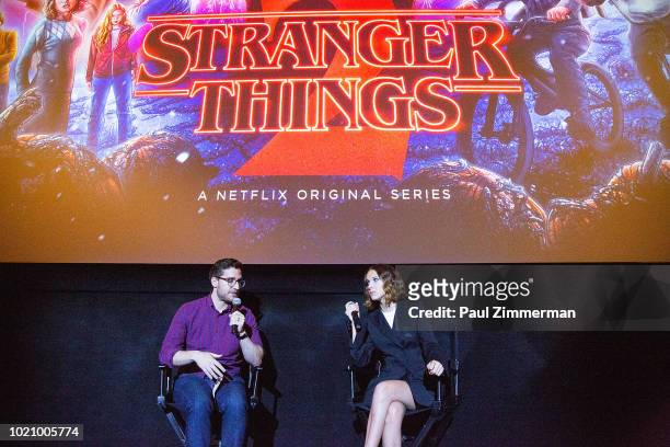 Josh Horowitz and Millie Bobby Brown speak during a 'Stranger Things Season 2' screening at AMC Lincoln Square Theater on August 21, 2018 in New York...