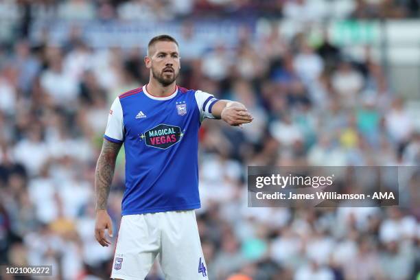 Luke Chambers of Ipswich Town during the Sky Bet Championship match between Derby County and Ipswich Town at Pride Park Stadium on August 21, 2018 in...