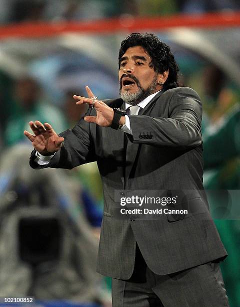 Diego Maradona of Argentina the Argentine Team Manager on the touchline during the 2010 FIFA World Cup South Africa Group B match between Argentina...