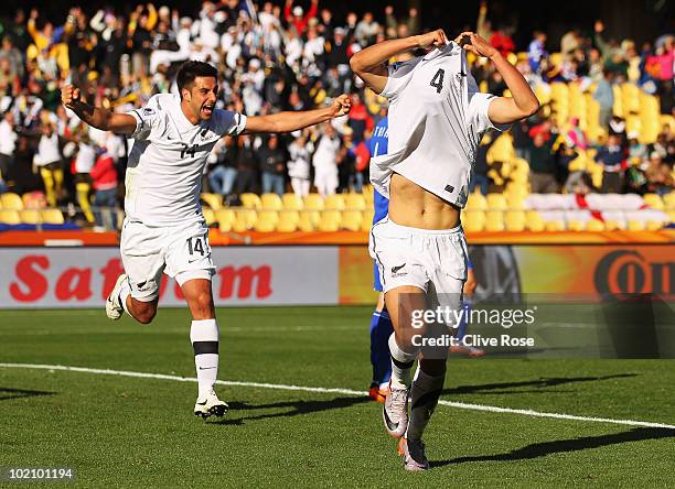 Winston Reid of New Zealand celebrates scoring the first goal for his team during the 2010 FIFA World Cup South Africa Group F match between New...