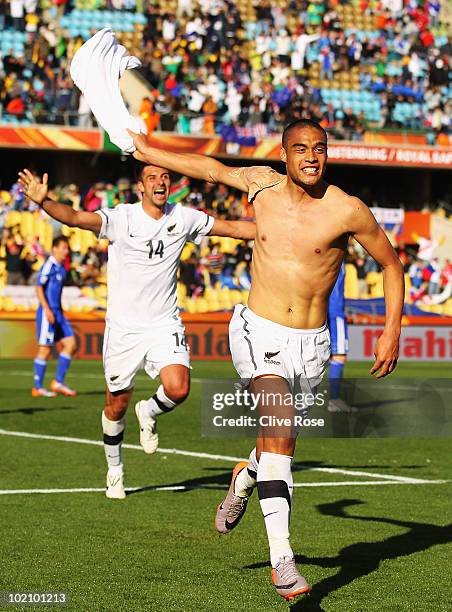 Winston Reid of New Zealand celebrates scoring the first goal for his team during the 2010 FIFA World Cup South Africa Group F match between New...