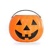 Pumpkin basket isolated on white background (clipping path) for kid collecting candy Jack o'lantern basket , trick or treat on Halloween day celebration