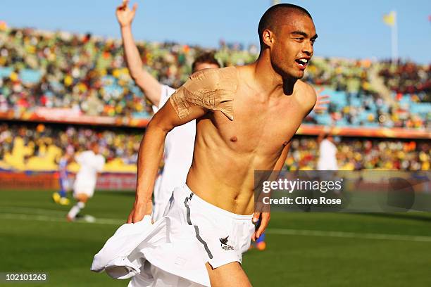 Winston Reid of New Zealand celebrates scoring the first goal for his team during the 2010 FIFA World Cup South Africa Group F match between New...
