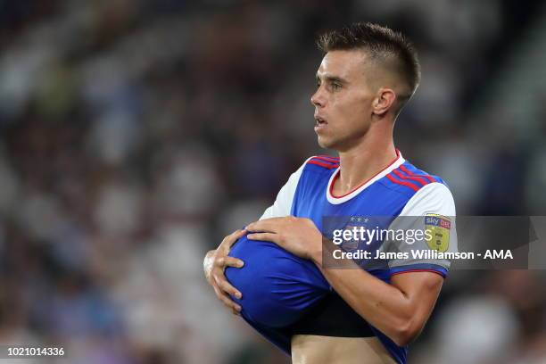 Jonas Knudsen of Ipswich Town during the Sky Bet Championship match between Derby County and Ipswich Town at Pride Park Stadium on August 21, 2018 in...