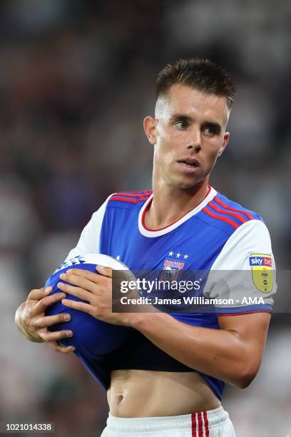 Jonas Knudsen of Ipswich Town during the Sky Bet Championship match between Derby County and Ipswich Town at Pride Park Stadium on August 21, 2018 in...