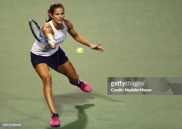 Julia Goerges of Germany returns a shot to Dayana Yastremska of Ukraine during Day 2 of the Connecticut Open at Connecticut Tennis Center at Yale on...