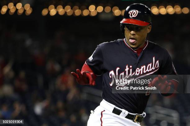 Wilmer Difo of the Washington Nationals celebrates after hitting a home run against the Philadelphia Phillies during the sixth inning at Nationals...
