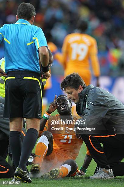 Emmanuel Eboue of Ivory Coast speaks to the referee Jorge Larrionda as he receives treatment during the 2010 FIFA World Cup South Africa Group G...