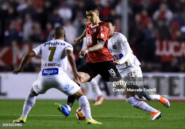 Pablo Hernandez of Independiente kicks the ball during a round of sixteen match between Independiente and Santos as part of Copa CONMEBOL...