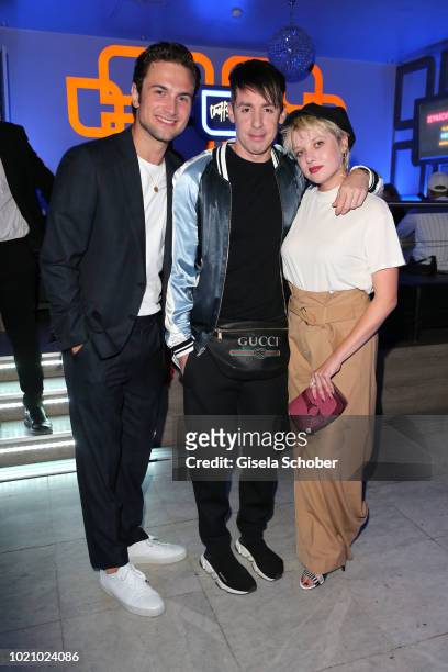 Samuel Schneider, Fashion designer Kilian Kerner and Jella Haase during the ''Asphaltgorillas' premiere after party at 'traffic club' on August 21,...