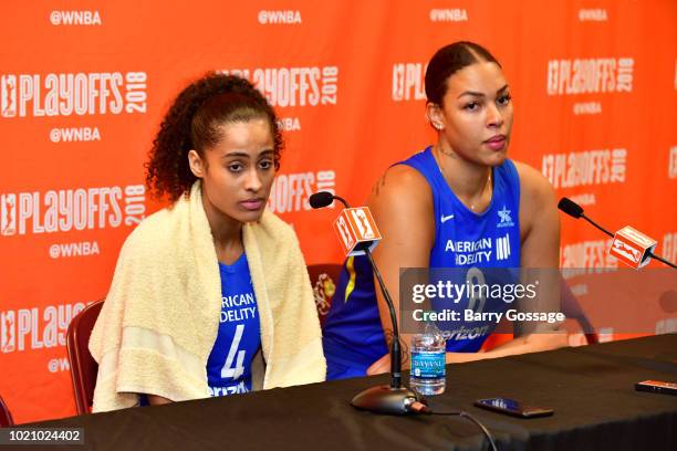 Skylar Diggins-Smith and Elizabeth Cambage of the Dallas Wings speak with the media after the game against the Phoenix Mercury in Round One of the...