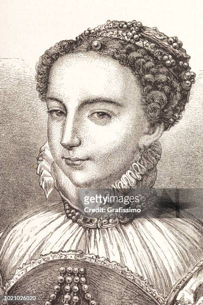 engraving queen maria stuart of scots 15th century - mary queen of scots stock illustrations