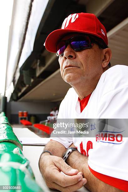 Max Oliveras, manager of Red Devils during a 2010 Liga Mexicana de Beisebol match between Mexico Red Devils and Monclova Steelers at end of serie at...