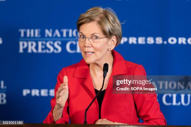 Senator Elizabeth Warren seen speaking about her proposed Anti-Corruption and Public Integrity Act at the National Press Club.