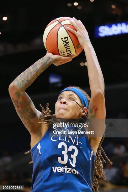 Seimone Augustus of the Minnesota Lynx shoots the deep ball against the Los Angeles Sparks in Round One of the 2018 WNBA Playoffs at Staples Center...