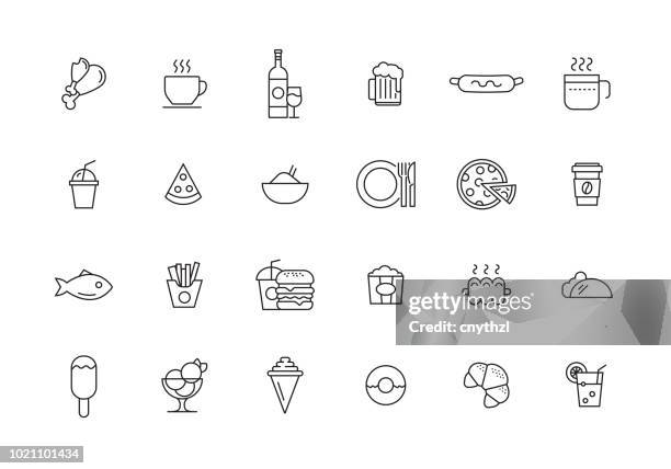 food and drink line icon set - cooking chicken stock illustrations