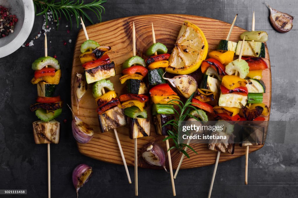 Colorful grilled summer seasonal vegetables skewers