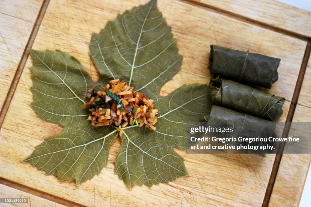 Dolmathakia - Stuffed Grape Leaves With Rice and Herbs