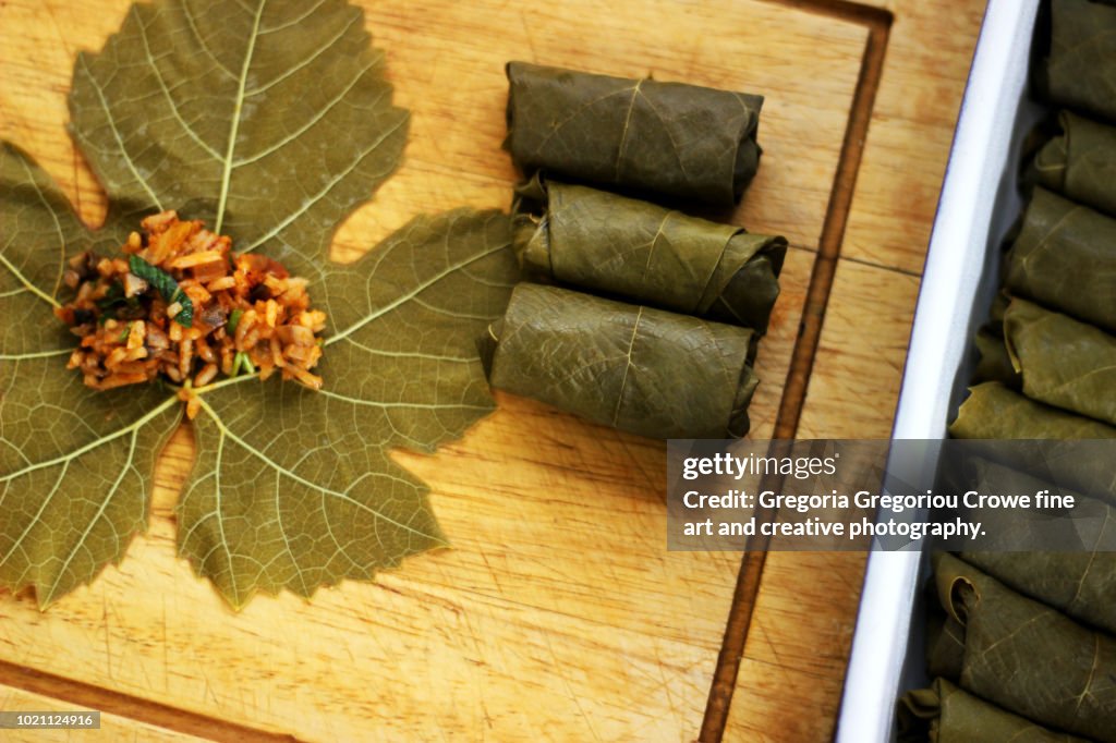 Dolmathakia - Stuffed Grape Leaves With Rice and Herbs