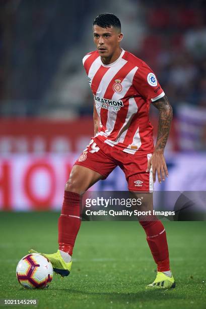 Pedro Porro of Girona in action during the La Liga match between Girona FC and Real Valladolid CF at Montilivi Stadium on August 17, 2018 in Girona,...